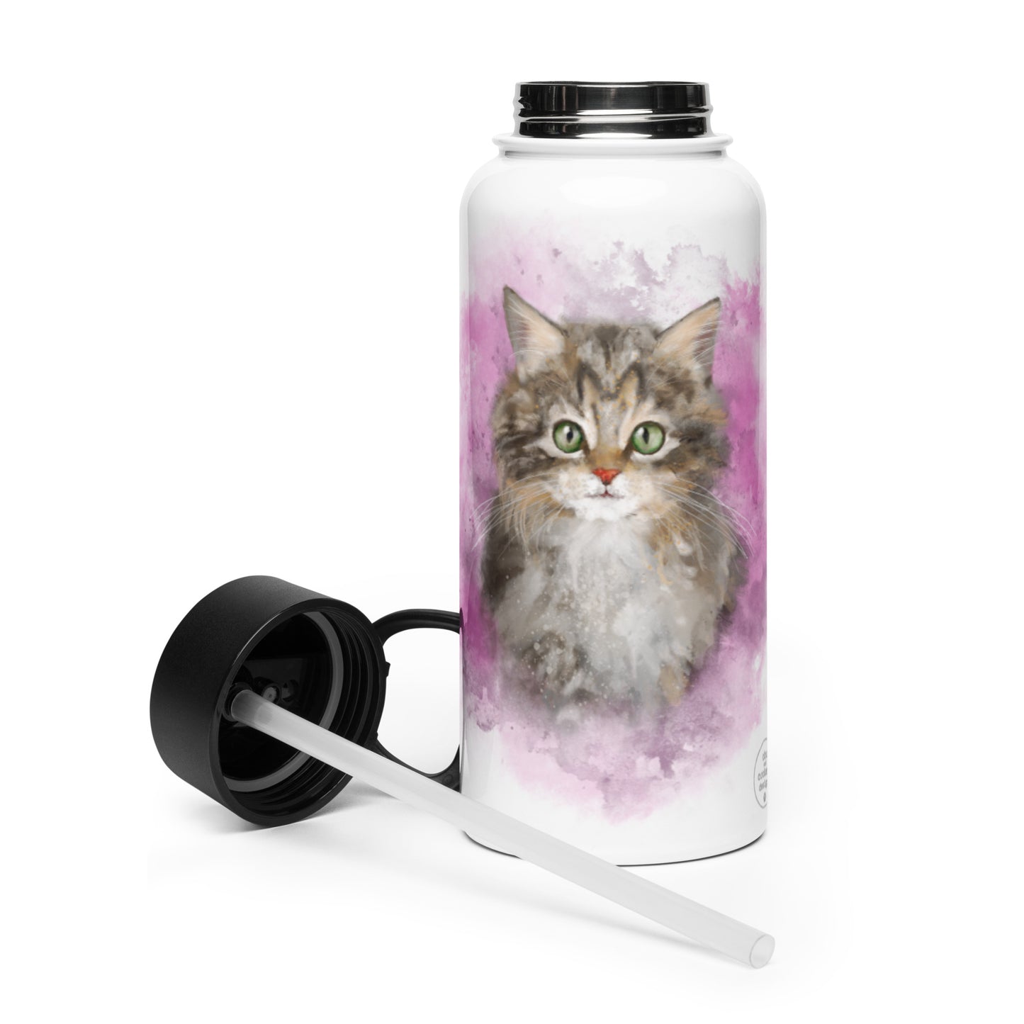 Fluffy Tabby Kitten water bottle with straw