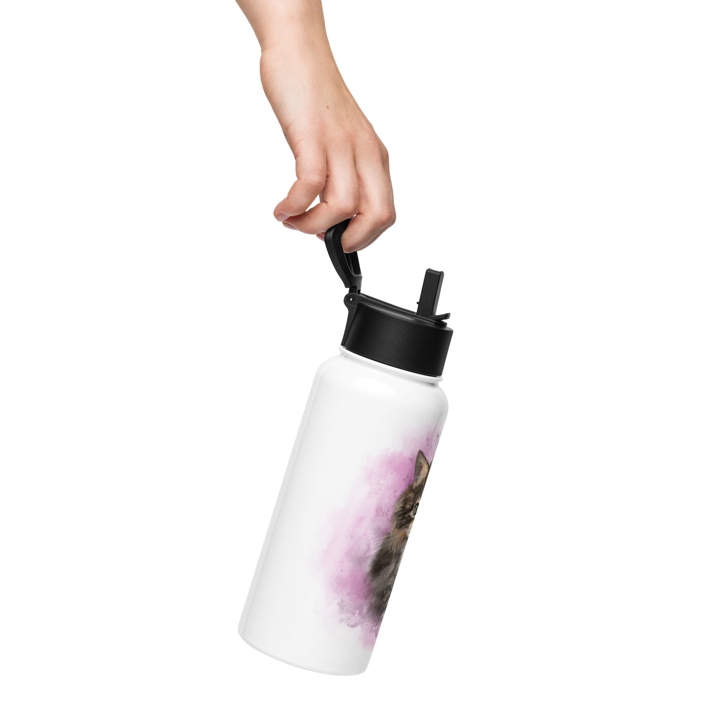 Fluffy Tabby Kitten water bottle with straw