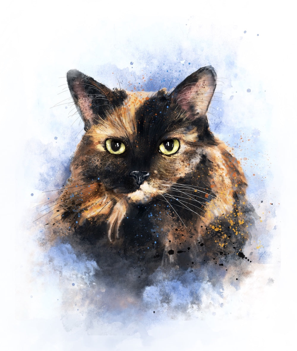 painting of long-haired tortie cat with lots of black in her fur