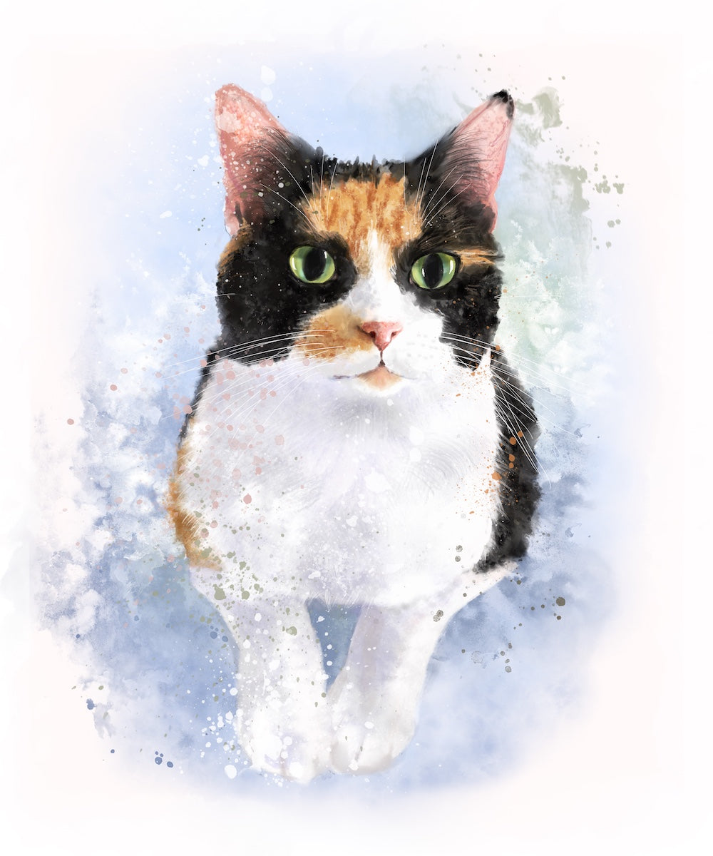 Painting of tortie cat with green eyes