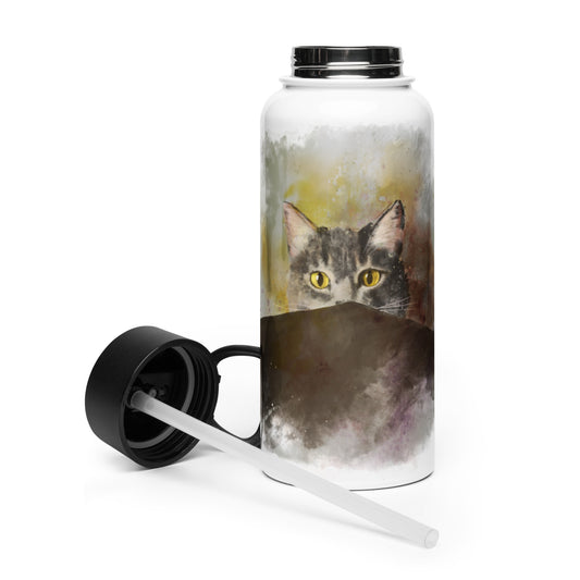 Peeking Cat stainless steel water bottle with straw
