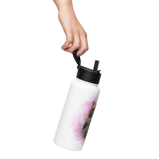 Fluffy Tabby Kitten water bottle with straw