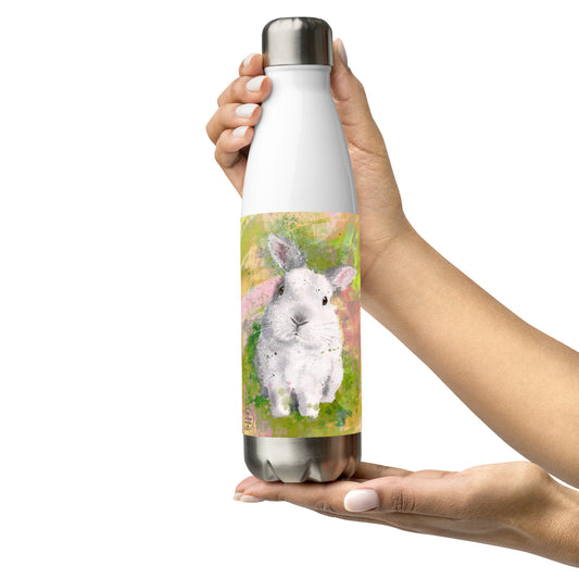 Bunny stainless steel water bottle with white rabbit painted on the side 